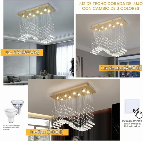 Vista 7 de Siljoy Candelabro de Cristal Rectangular Dorado para Comedor, 31.5'' Candelabro de Cristal Moderno con Gotas de Lluvia Onduladas, Lámpara Colgante