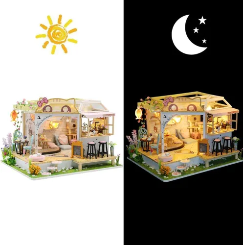 Vista 6 de Cat Cafe - Kit de casa de muñecas en miniatura de madera para mascotas, gatos, cafetería, accesorios de modelo de construcción con muebles, caja