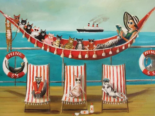 Vista 2 de New York Puzzle Company - Janet Hill All Paws on Deck - Rompecabezas de 500 piezas para noches de juego familiares por Janet Hill