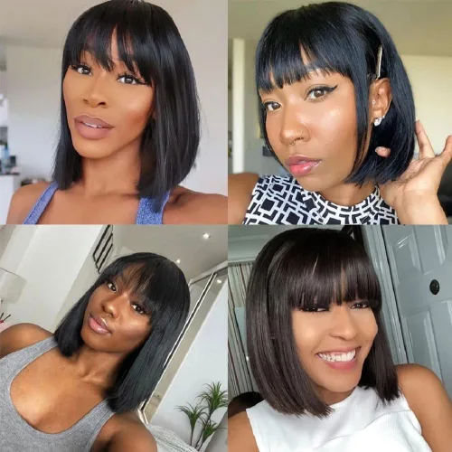 Vista 9 de Rebasar Peluca corta Bob con flequillo pelucas de cabello humano de 8 Negro