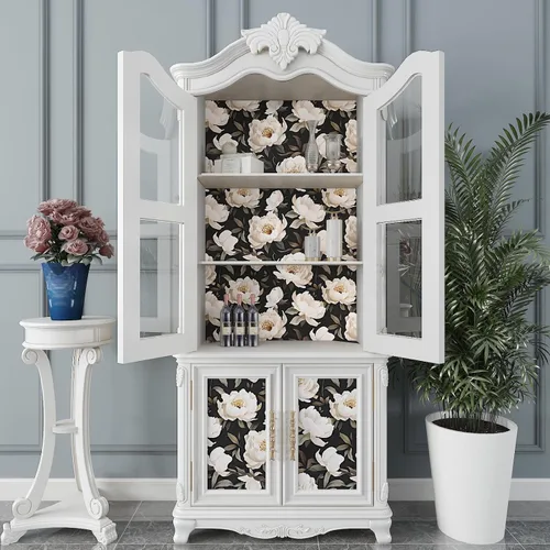 Vista 5 de Papel tapiz floral para despegar y pegar, papel de contacto negro/beige, flores de peonía grandes de 17.5 x 118 pulgadas, papel mural vintage