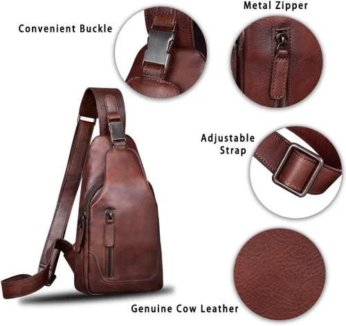 Vista 6 de IVTG Bolso bandolera de cuero genuino para hombres y mujeres, bolso cruzado de hombro en el pecho, mochila de senderismo, mochila vintage hecha a