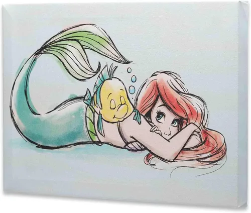 Vista 2 de Open Road Brands Disney - Lienzo decorativo de pared con diseño de Ariel y Flounder de La Sirenita en acuarela - Hermoso arte de pared de Ariel