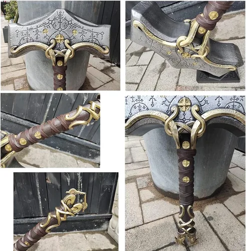 Vista 5 de Mjölnir - Martillo decorativo de anime de 17 pulgadas con base de exhibición para decoración del hogar, cosplay, colección