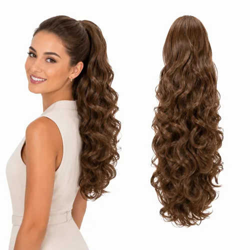 Vista 22 de CAISHA Extensiones de cola de caballo de 18 pulgadas, voluminosas, onduladas, marrón ceniza, mezcla de rubio claro PH35