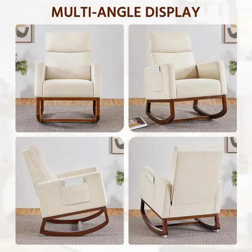 Vista 5 de Yaheetech Silla mecedora para sala de estar, silla deslizante tapizada con bolsillo lateral, silla decorativa moderna con respaldo alto cómodo Beige