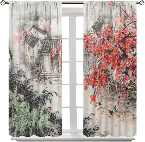 Vista 3 de Cortina asiática, flor de cerezo japonés, montañas brumosas de ciruelo rojo asiático, pintura de tinta tradicional, paisaje chino oriental