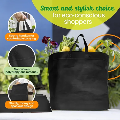 Vista 6 de Simply Cool Paquete de 200 bolsas de compras negras reutilizables ecológicas de 12.6 x 6.3 x 11.8 pulgadas, duraderas, ecológicas, reciclables