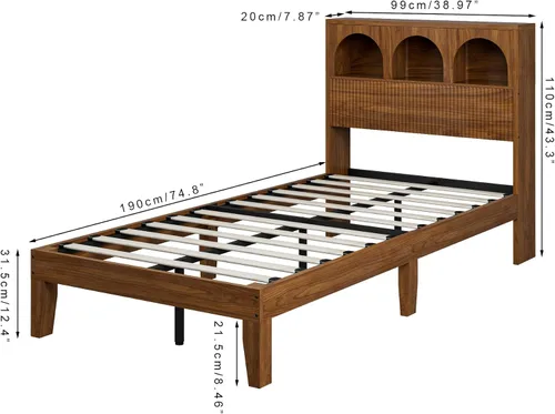 Vista 2 de Lxsxlome - Marco de cama individual con cabecera ondulada, cabecera de madera con 3 compartimentos de almacenamiento arqueados, plataforma de cama