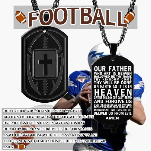 Vista 4 de Collar de cruz de versículo bíblico de fútbol para hombres, regalo religioso de acero inoxidable, joyería deportiva de fútbol, regalos de Pascua