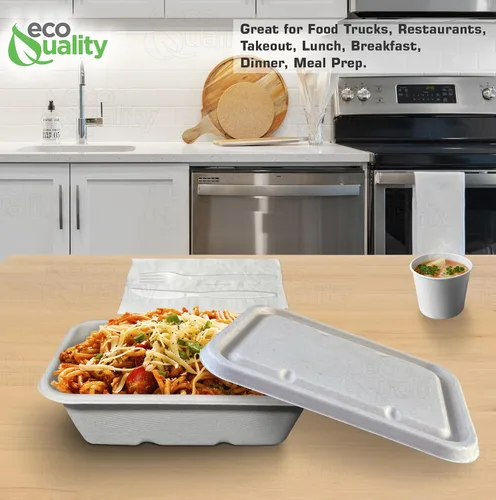 Vista 6 de EcoQuality Cuencos desechables de 22 onzas con tapas de fibra, cuencos rectangulares de papel biodegradable de fibra de caña de azúcar compostable