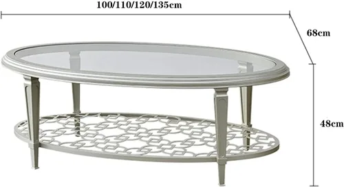 Vista 3 de Mesa de té para sala de estar, mesa de centro de cristal, mesa de centro ovalada de 2 niveles, parte superior de vidrio templado y estantes