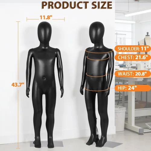 Vista 5 de Child Full Body Mannequin 43.3 Inch Sewing Dress Model Stand Realistic Display Manikin with Adjustable Posture, Turnable Head, Flexible Limbs, Black