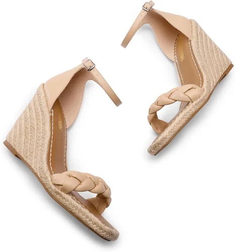 Vista 2 de DREAM PAIRS Alpargatas de punta abierta para mujer, con correas de tobillo, tacones altos, plataforma elegante