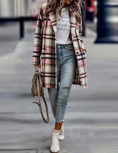 Vista 2 de SeekMe Chaqueta a cuadros para mujer, chaqueta de franela casual, mezcla de lana, gabardina de tartán para otoño