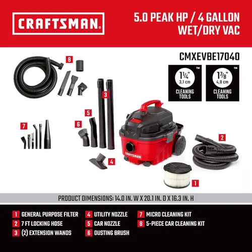 Vista 3 de CRAFTSMAN CMXEVBE17040 Aspiradora para Seco y Húmedo de 4 Galones, 5.0 HP Máximo, Aspiradora de Taller Portátil para Seco y Húmedo con Filtro