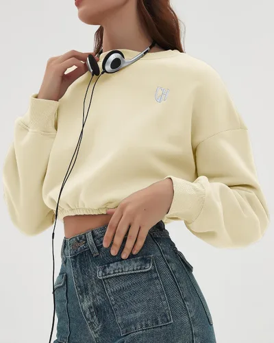 Vista 3 de CHYRII Sudadera corta de gran tamaño para mujer, de forro polar, cuello redondo, manga larga, para otoño e invierno