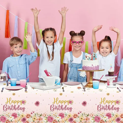 Vista 6 de Oudain Mantel de plástico para fiesta de cumpleaños, 3 piezas, color rosa, desechable, rectangular, rosa, para decoración de fiesta de cumpleaños
