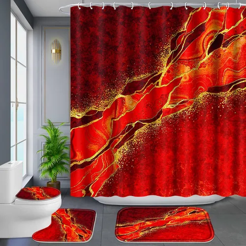 Vista 11 de Poedist Juego de 4 cortinas de ducha de baño, juegos de baño con alfombras (tapete de baño, forma de U y tapa de inodoro) y 12 ganchos, mármol