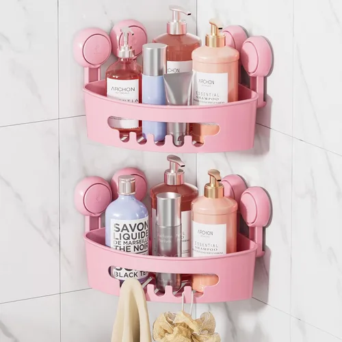 Vista 8 de LEVERLOC Organizador esquinero para ducha con ventosa, cesta de ducha potente con ventosa, organizador impermeable y resistente al óxido