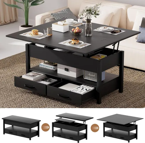 Vista 10 de SYESWAY Mesa de Centro Elevable de 39.4" con Estación de Carga, Mesa de Centro Multifuncional 4 en 1 con Almacenamiento y Compartimentos Ocultos