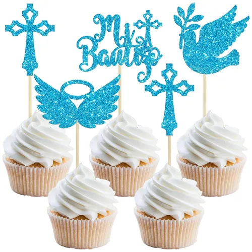 Vista 8 de Gyufise 24 piezas de decoración de pastel de Dios bendiga y decoración de bautizo para cupcakes, cruces de Dios bendiga, adornos de cupcake Negro-1