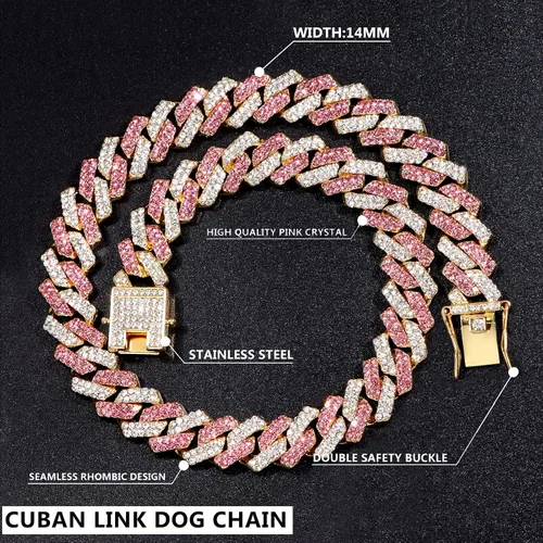 Vista 3 de Collar de cadena dorada para perro, collar cubano de diamantes para caminar, collar de cadena de metal con diseño de hebilla segura, collares
