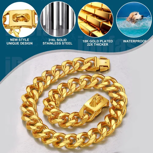 Vista 4 de Collar de cadena de oro para perro, collar de cadena de metal de 0.748 in con hebilla segura, collar de perro de eslabones cubanos de oro de 18