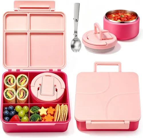 Vista 9 de Lonchera Bento para Niños con Termo para Sopa de 8oz, Contenedores de Comida para Almuerzo Impermeables para Niños con 4 Compartimentos, Tarro