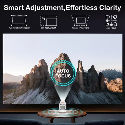Vista 4 de WOOPKER Mini proyector HY260 Pro actualizado con WiFi y Bluetooth 5.4, enfoque automático/Keystone, soporte nativo 1080P para 4K, control remoto Air