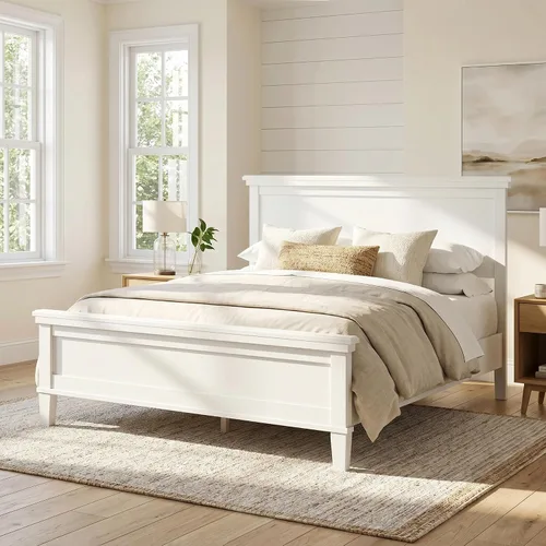 Vista 7 de Cama de plataforma de madera maciza de estilo moderno con cabecero, estribo, marco de cama de madera y patas de soporte central de madera maciza,