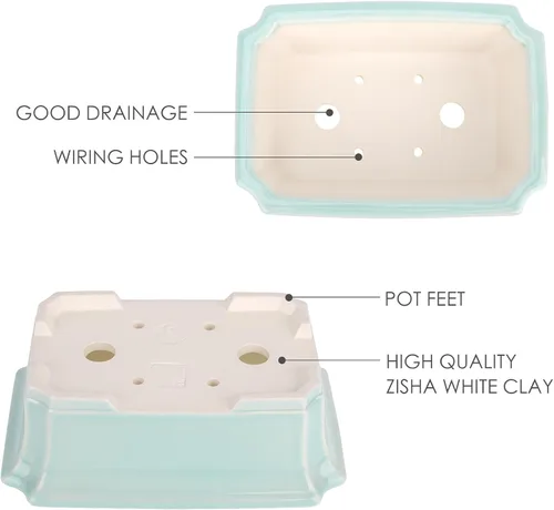 Vista 3 de Zisha - Juego de 2 macetas de arcilla blanca para bonsái esmaltadas poco profundas, color verde claro