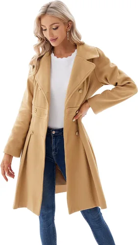 Vista 2 de GRACE KARIN Abrigos largos de otoño con solapa y doble botonadura para mujer, color caqui, talla M
