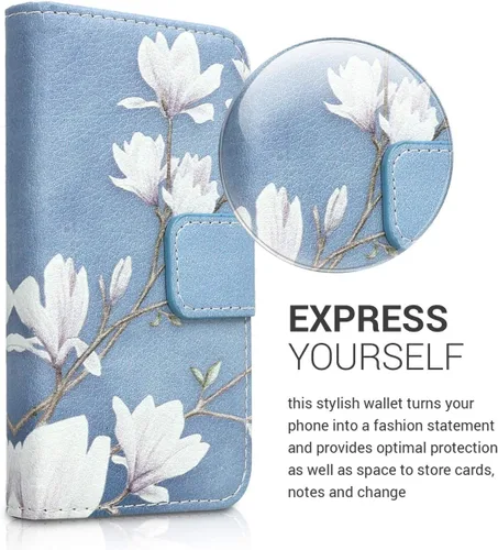 Vista 2 de kwmobile Funda tipo cartera compatible con Apple iPhone 4 y 4S, magnolias gris topo, blanco, azul y gris
