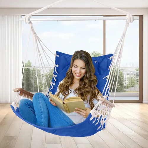 Vista 3 de Silla Hamaca Columpio Colgante con Reposabrazos de Madera; Barra Separadora de Acero, Almohadas, Kit de Herrajes Incluido; Tejido de Algodón; Hasta