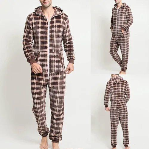 Vista 2 de Plaid Onesie Pajamas for Men Warm Fleece Rompers Full Zipper Jumpsuits Lightweight Tracksuit with Pockets