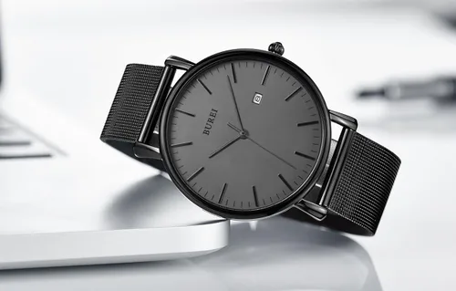 Vista 3 de BUREI Reloj de pulsera analógico de cuarzo ultrafino, calendario de fecha, correa de malla de acero inoxidable
