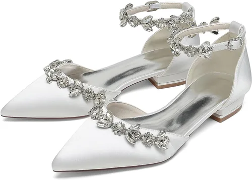 Vista 6 de Zapatos planos de satén puntiagudo para mujer, cómodos diamantes de imitación, correas de tobillo, zapatos de tacón para novia, zapatos de fiesta