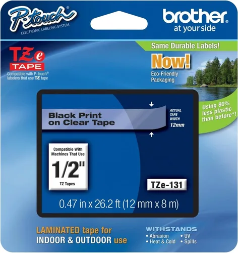 Vista 82 de Brother - Cinta laminada TZe135, 1/2 pulgada, blanco sobre transparente