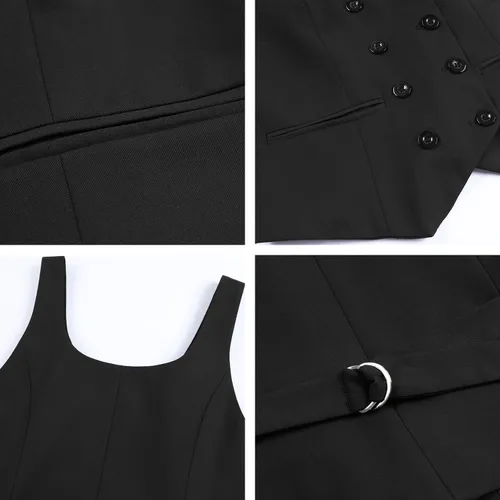 Vista 3 de Foucome Chaleco de traje para mujer con doble botonadura con cuello en V a la moda, elegante chaleco casual para mujer