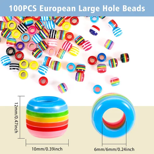 Vista 2 de 100 cuentas europeas de agujeros grandes, cuentas espaciadoras de colores surtidos, para manualidades, joyería, manualidades, collares, suministros