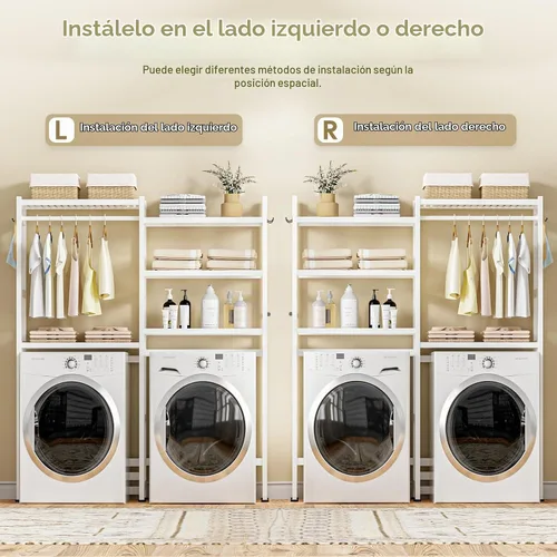 Vista 8 de Cozivolife Estante de Almacenamiento sobre Lavadora y Secadora de Bambú, Perchero de Secado de Cuarto de Lavado de 5 Niveles con Estantes Ajustables