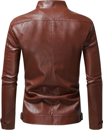 Vista 4 de RDEGOOCHA Chaqueta de cuero para motocicleta, para hombre, otoño, invierno, cuello alto, cremallera, chaqueta de manga larga, chaqueta de apuestas