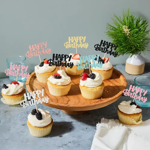Vista 9 de Gyufise 24 piezas de decoración para pastel de cumpleaños con purpurina, adornos brillantes para pastel de cumpleaños, adornos de comida