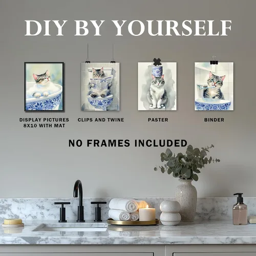 Vista 6 de DEQSX - Juego de 4 impresiones divertidas de arte de pared de baño de estilo chino azul y blanco con gatos, regalos para amantes de gatos, pósters