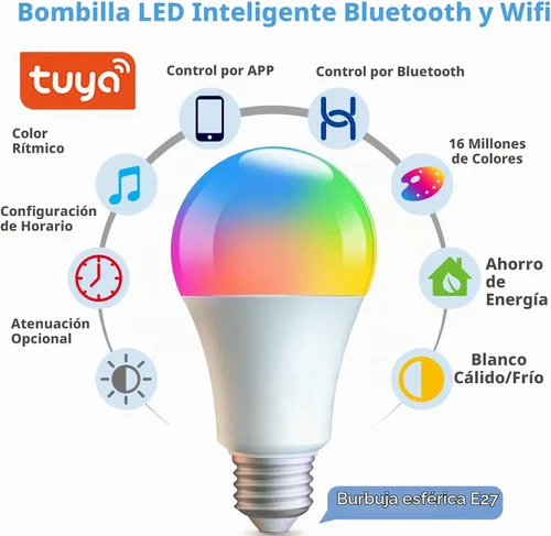 Vista 2 de Bombillas inteligentes, bombilla LED WiFi y Bluetooth que es compatible con Alexa y Google Home, bombilla que cambia de color, bombillas WiFi A19