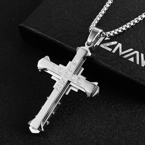 Vista 3 de HZMAN Religion - Collar con colgante de cruz de circonita cúbica de acero inoxidable bizantino grande para hombre, cadena de 22 + 2 pulgadas