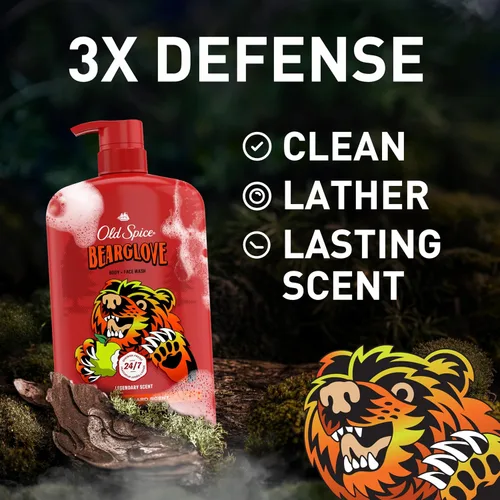 Vista 2 de Old Spice Jabón corporal limpiador para hombres, 3X Defense, 24/7 ducha fresca con aroma duradero, 2 en 1 para cuerpo y cara, Bearglove con aroma