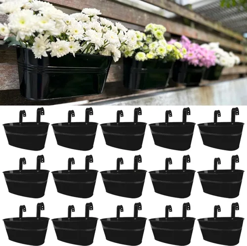 Vista 10 de LaLaGreen Jardinera de Barandilla para Exteriores (11.8 Pulgadas, Paquete de 4) Macetas Colgantes de Hierro Negro para Barandillas de Terraza Cubos