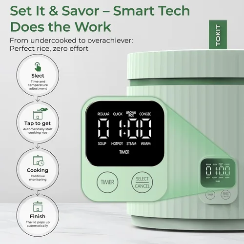 Vista 6 de TOKIT Olla Arrocera Pequeña 3 Tazas Sin Cocinar/6 Tazas Cocidas, Olla Arrocera Mini Moderna Multifuncional con Temporizador de 24 H y Calentador